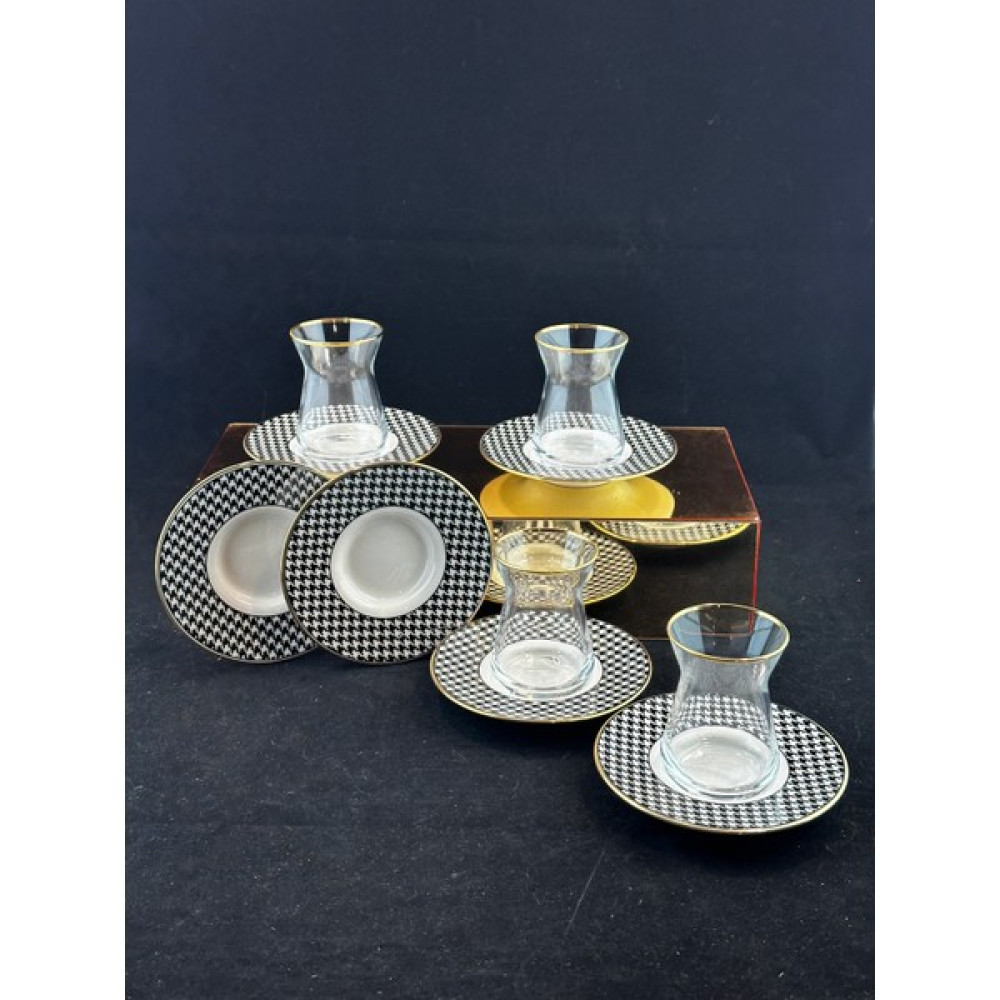 Elia Gölge 12 Parça Gold Çay Seti Porselen Tabaklı Cam Bardaklı GÖLGE001 - 165 ml Fincan / Bardak / Kahve Takımı Fiyatı