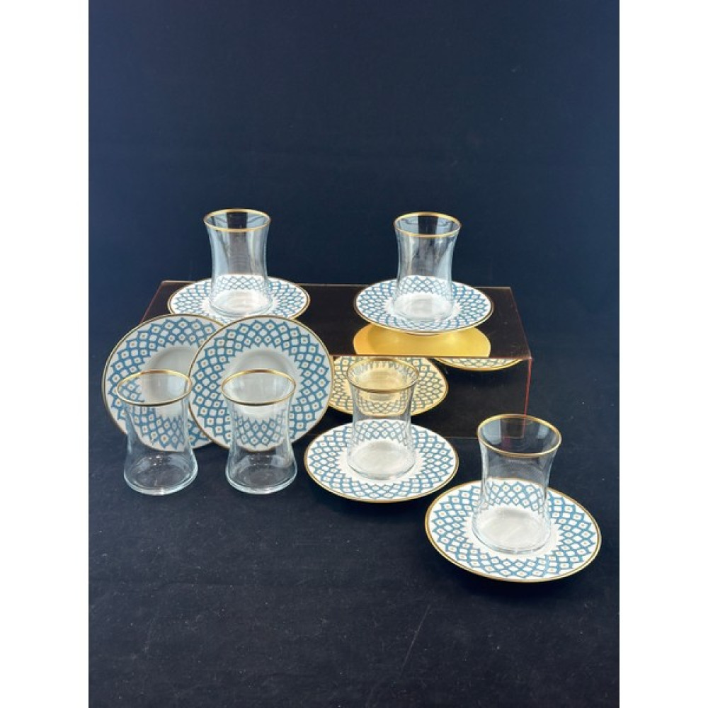Elıa Lınea12 Parça Mat Gold Çay Seti Porselen Tabaklı Cam Bardaklı LINEA001 - Açık Mavi - Beyaz - 125 ml Fincan / Bardak / Kahve Takımı Fiyatı