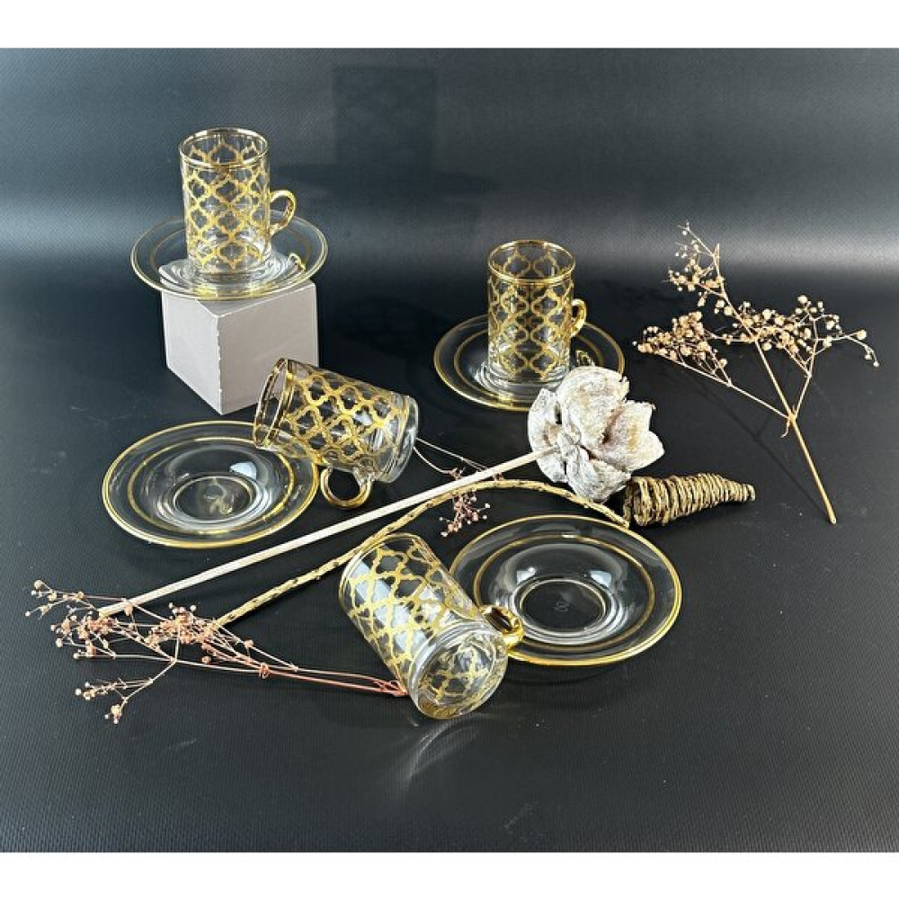 Elia Sequın 12 Parça Gold Çay Seti Cam Tabaklı Cam Bardaklı SEQUIN001 - 125 ml Fincan / Bardak / Kahve Takımı Fiyatı
