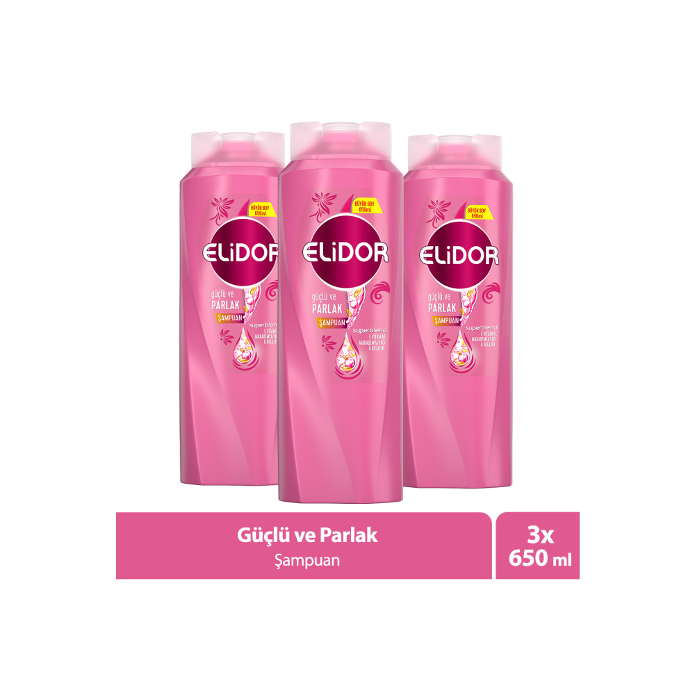 Elidor Superblend Saç Bakım Şampuanı Güçlü Ve Parlak E Vitamini Makademya Yağı Kolajen 650 ml X3 Şampuan ve Saç Kremi Fiyatı