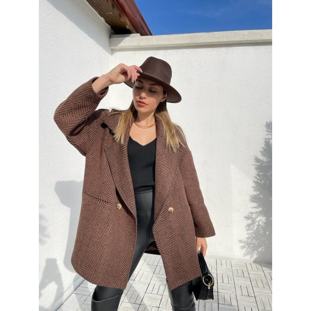 Elif Özbey Acı Kahve Balık Sırtı Oversize Kısa Kaban Kadın Kaban Fiyatı