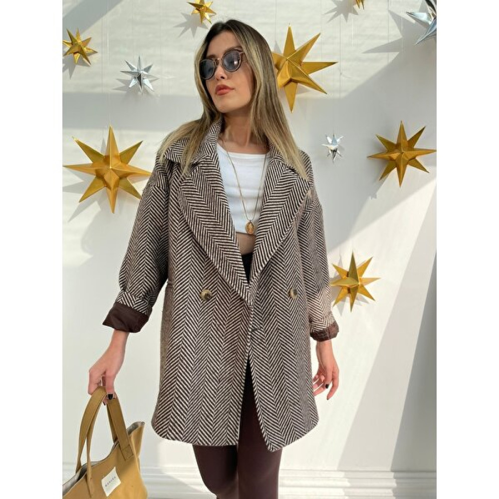 Elif Özbey Kahve Balık Sırtı Oversize Kısa Kaban Kadın Kaban Fiyatı