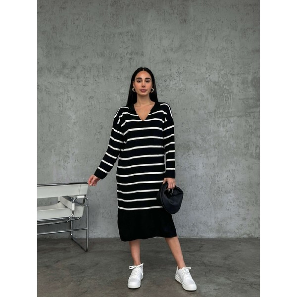 Elif Özbey Siyah Beyaz Çizgili Polo Yaka Triko Elbise Elbise Fiyatı