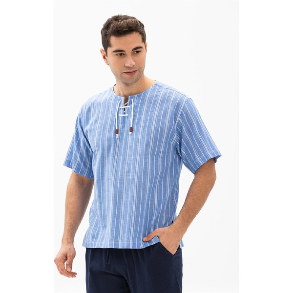 Eliş Şile Bezi Büyük Beden Kısa Kol Şile Bezi Zımbalı Erkek Tshirt Mavi Beyaz Çizgili Erkek T-shirt Fiyatı