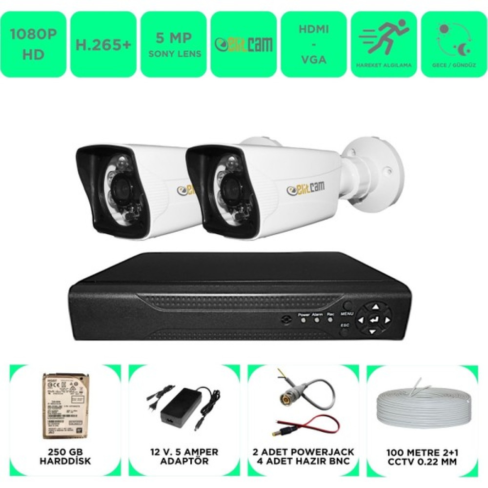 Elitcam 2 Kameralı 5mp Sony Lensli Full HD 1080P Gece Görüşlü Kamera Seti 250GB Hard disk -2K0D-1 Güvenlik Kameraları Fiyatı