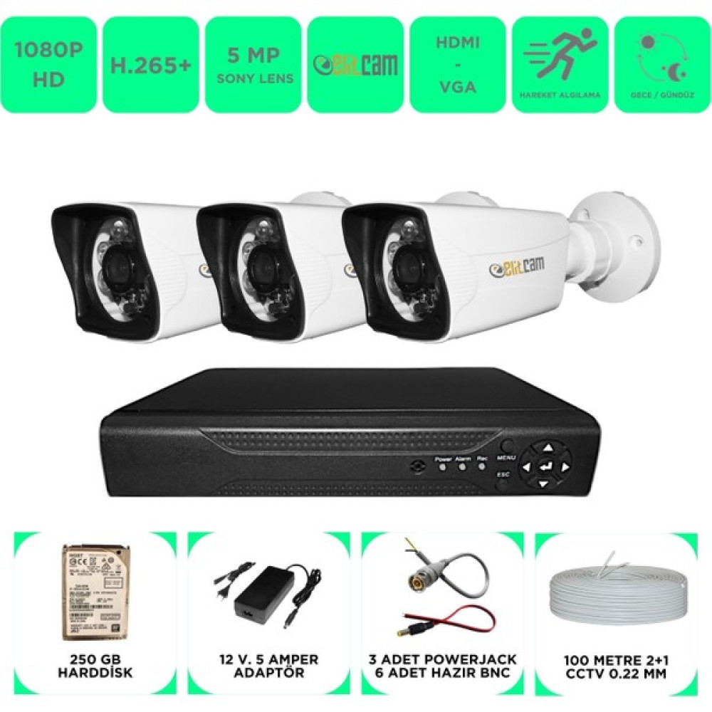 Elitcam 3 Kameralı 5mp Sony Lensli Full HD 1080P Gece Görüşlü Kamera Seti 250GB Hard disk -3K0D-1 Güvenlik Kameraları Fiyatı