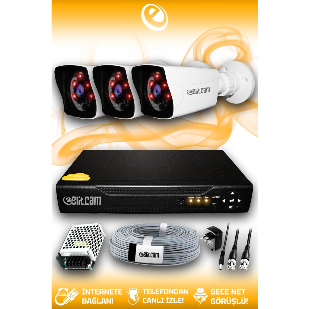 Elitcam 3 Kameralı Kare 3 Dış Kamera Set Hdd'siz Full Hd Gece Görüşlü Güvenlik Kamerası Sistemi Güvenlik Kameraları Fiyatı