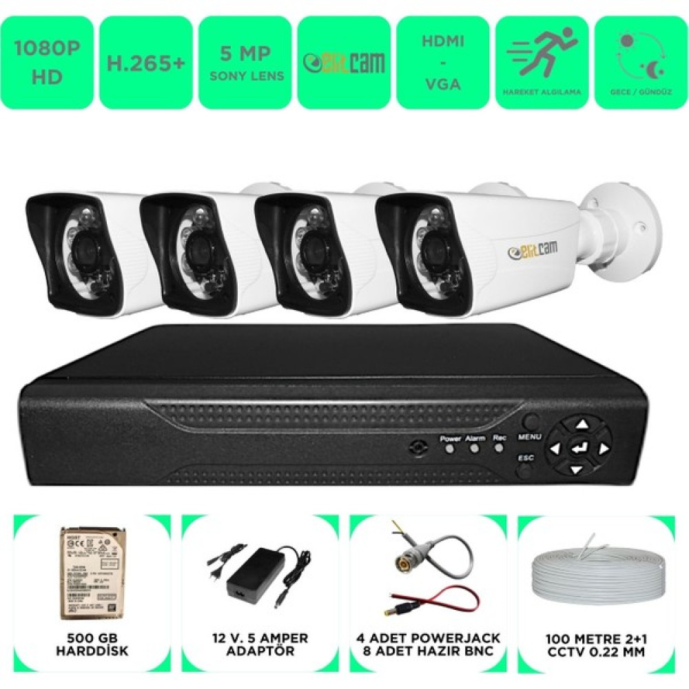 Elitcam 4 Kameralı 5mp Sony Lensli Full HD 1080P Gece Görüşlü Kamera Seti 500GB Hard disk -4K0D-3 Güvenlik Kameraları Fiyatı
