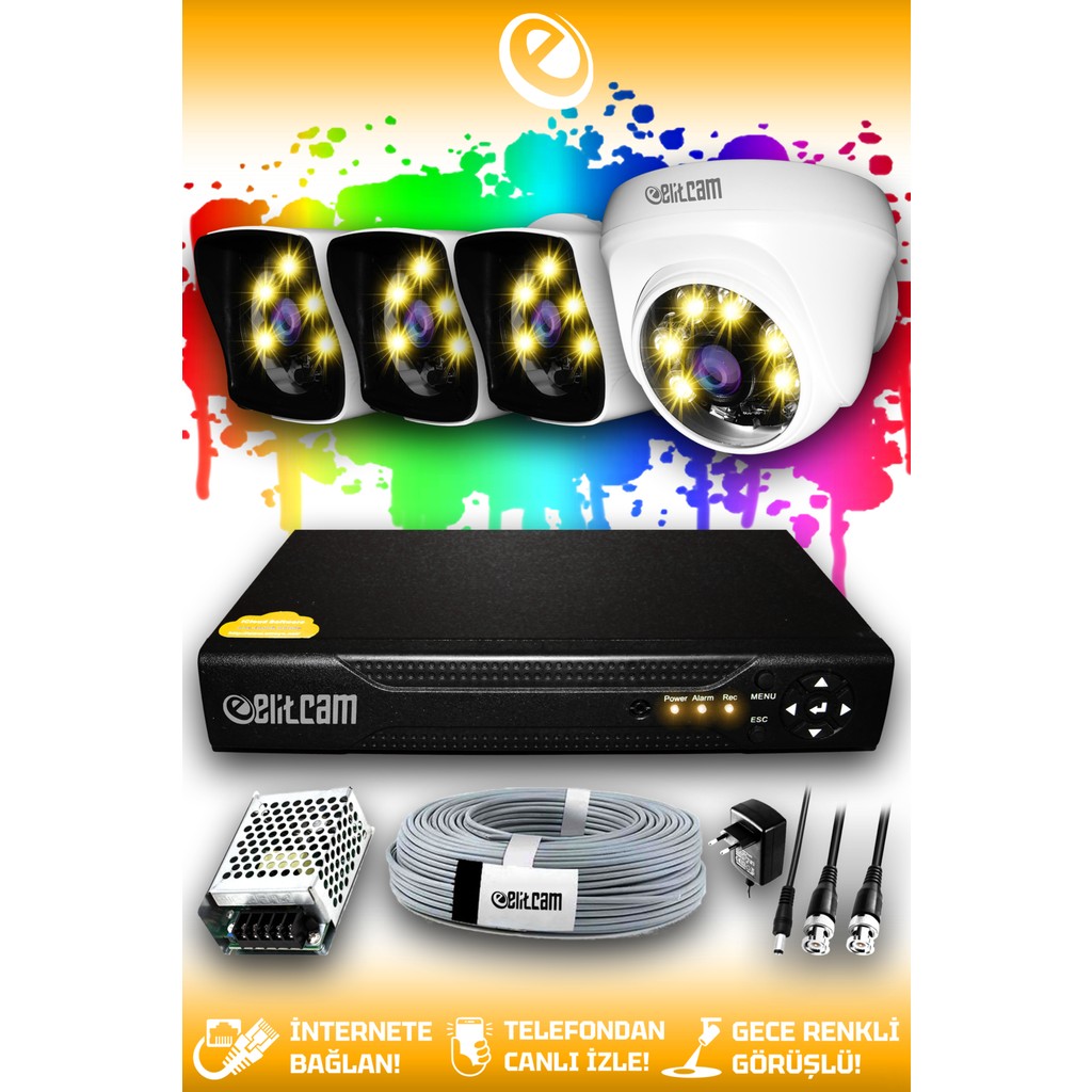 Elitcam 4 Kameralı Kare 1 İç Kamera Set Hdd'siz Full Hd Renkli Gece Görüşlü Güvenlik Kamerası Sistemi Güvenlik Kameraları Fiyatı