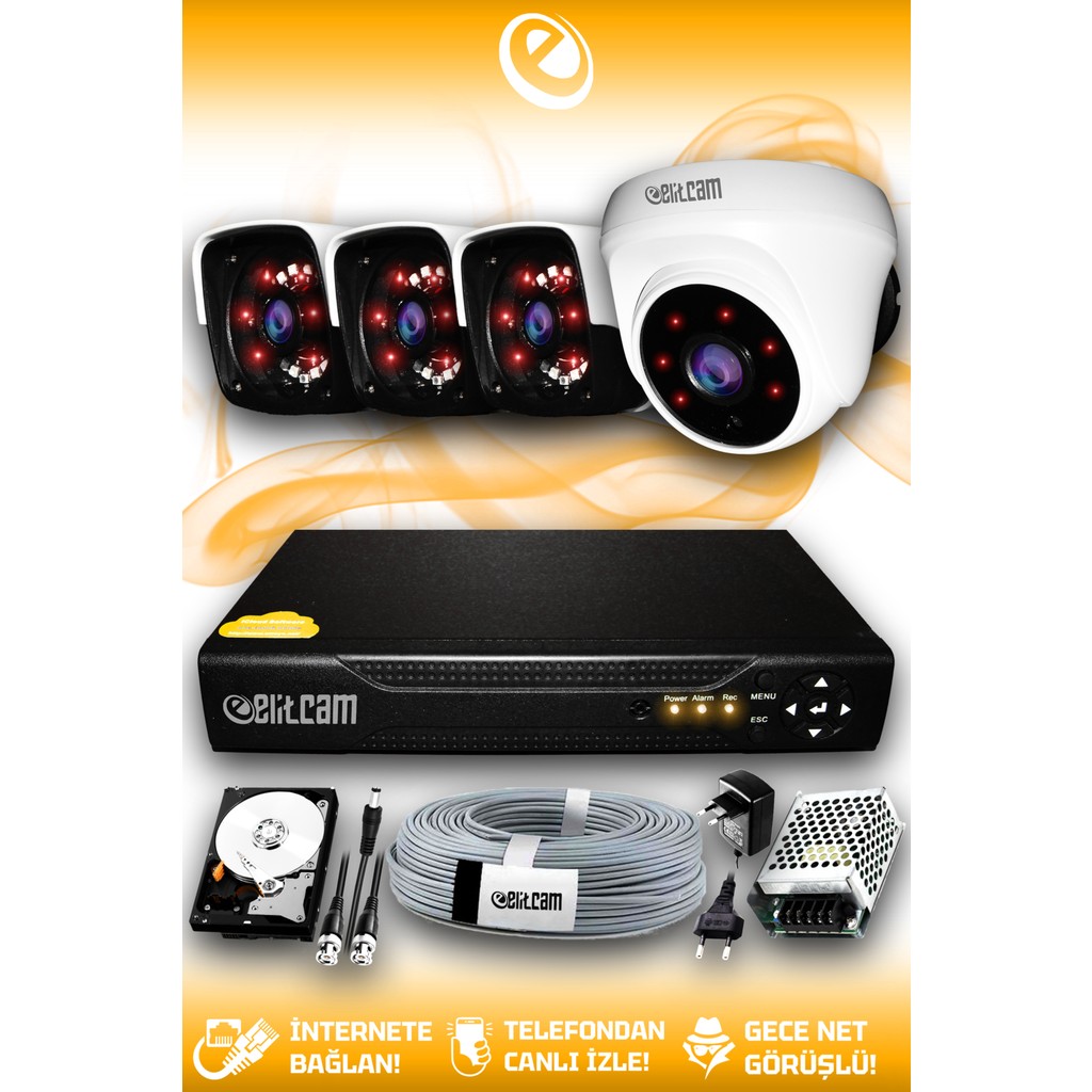 Elitcam 4 Kameralı Panda 1 İç Kamera Set 250 GB HDD Full HD Gece Görüşlü Güvenlik Kamerası Sistemi Güvenlik Kameraları Fiyatı
