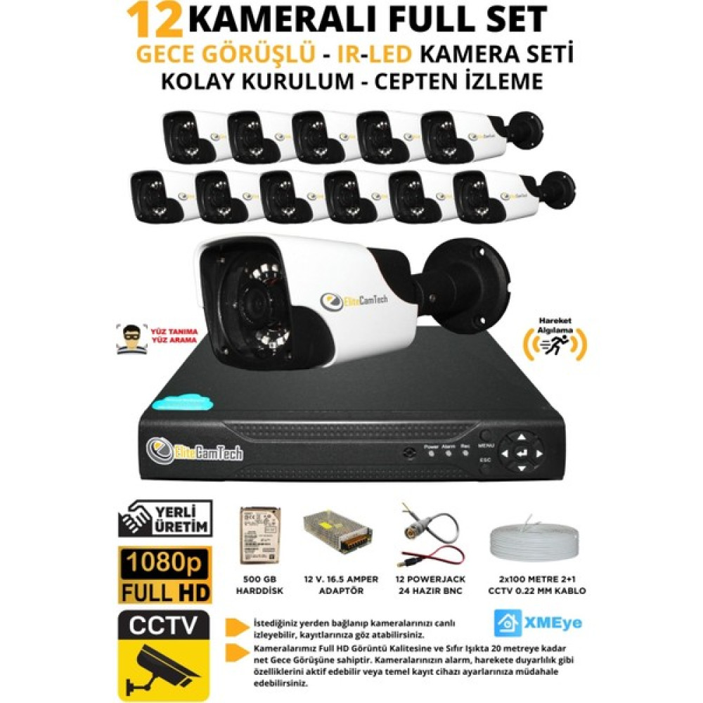 Elitcam Elitecamtech 12 Kameralı Metal Panda Kasa Sony Lensli 1080P Full Hd Gece Görüşlü Kamera Seti 500GB Hard Disk -12P Oto Boyaları Fiyatı