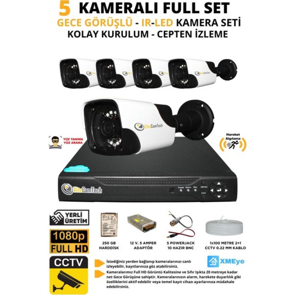 Elitcam Elitecamtech 5 Kameralı Metal Panda Kasa Sony Lensli 1080P Full Hd Gece Görüşlü Kamera Seti 250GB Hard Disk -5p Oto Boyaları Fiyatı