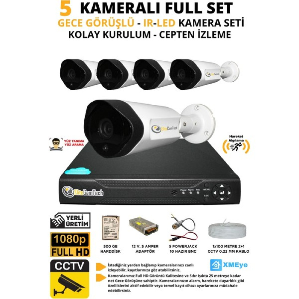 Elitcam Elitecamtech 5 Kameralı Metal Uzay Kasa Sony Lensli 1080P Full Hd Gece Görüşlü Kamera Seti 500GB Hard Disk -5u Oto Boyaları Fiyatı