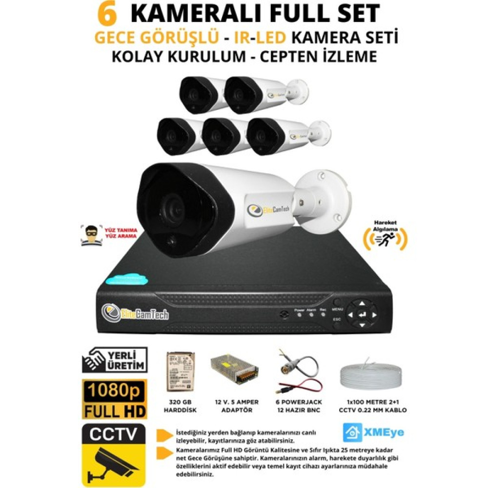 Elitcam Elitecamtech 6 Kameralı Metal Uzay Kasa Sony Lensli 1080P Full Hd Gece Görüşlü Kamera Seti 320GB Hard Disk -6u Oto Boyaları Fiyatı