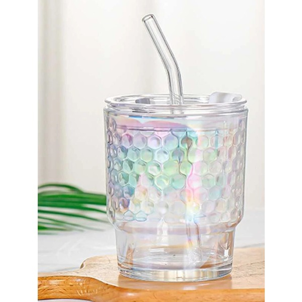 Elite Çeyiz Avm Gökkuşagı Şerit Desenli Sıya Dayanıklı Pipetli Borosilikat Gökkuşağı Stil Bardak | Gökkuşağı Kahve Sunum Bardağı - Şeffaf - 400 ml Fincan / Bardak / Kahve Takımı Fiyatı