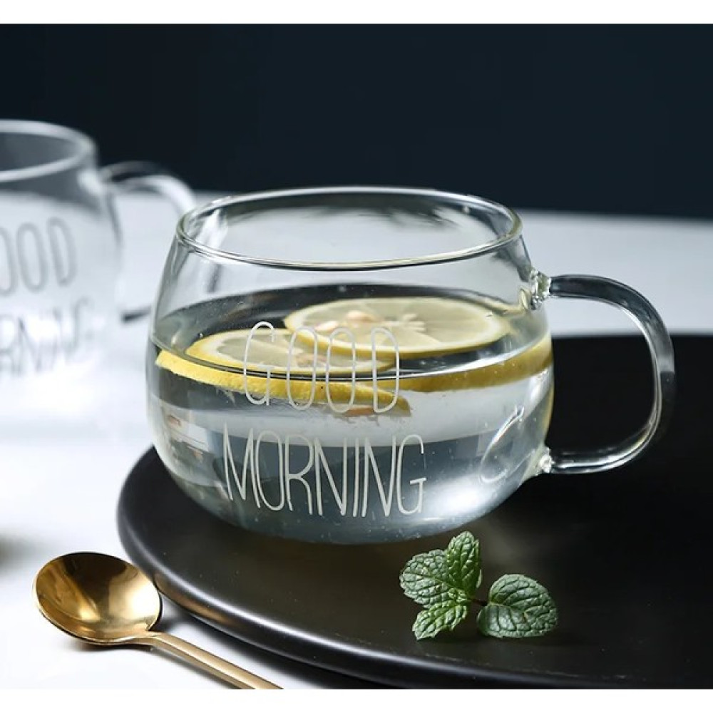 Elite Çeyiz Avm Good Morning Kulplu Yuvarlak Kupa Cam Bardak Kahve Isıya Dayanıklı Borosilikat Cam Bardak - Şeffaf - 400 ml Fincan / Bardak / Kahve Takımı Fiyatı