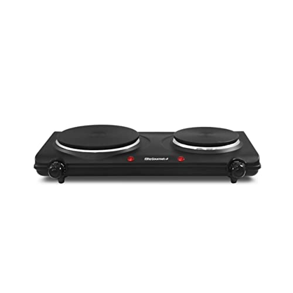 Elite Gourmet EDB-302BF Countertop Double Cast Iron Burner, 1500 Watts Electric Hot Plate, Temperature Controls, Power Indicator Lights, Easy to Clean, Black