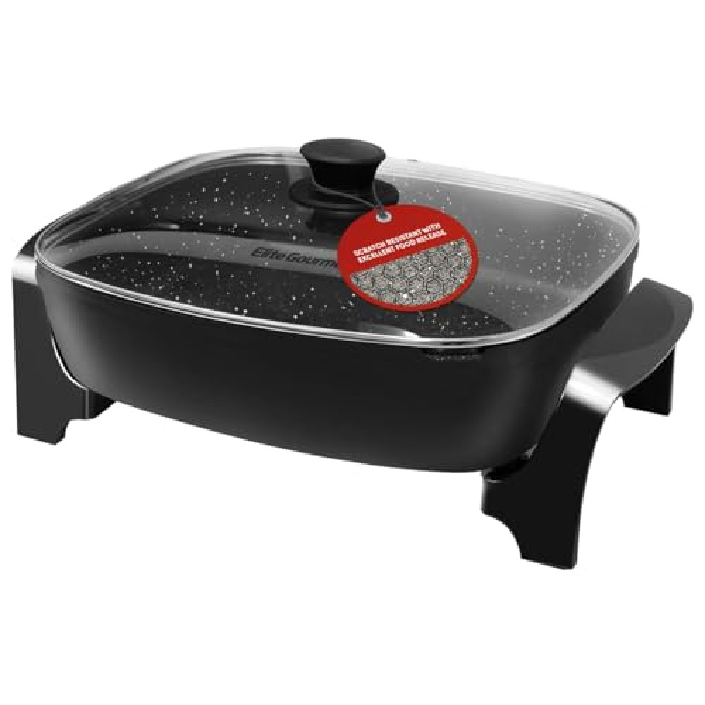 Elite Gourmet EG-6203# Extra Deep 16"x13"x3.2" (10.5Qt.) Scratch Resistant, Easy Pour Spout Dishwasher Safe, Non-stick Electric Skillet with Glass Vented Lid, Adjustable Temperature, Black