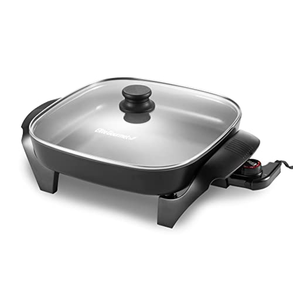 Elite Gourmet EG2212 12"x12"x2.15” Ceralast™ PFAS Free Ceramic Electric Skillet, Dishwasher Safe, Rapid Heat Up, 1200W, Dark Grey