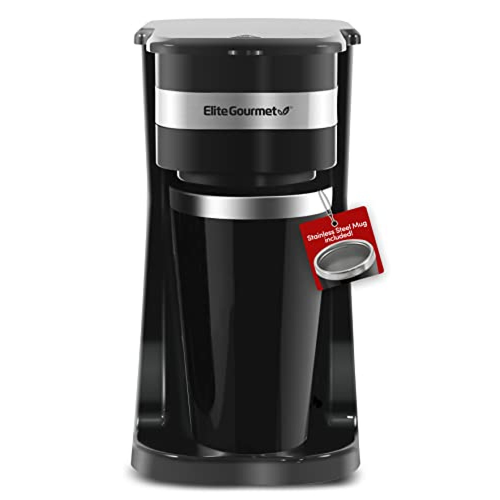 Elite Gourmet EHC114 Personal Single-Serve Compact Coffee Maker Brewer Includes 14Oz. Thermal Travel Mug with Stainless Steel Interior, Compatible with Coffee Grounds, Reusable Filter, Black