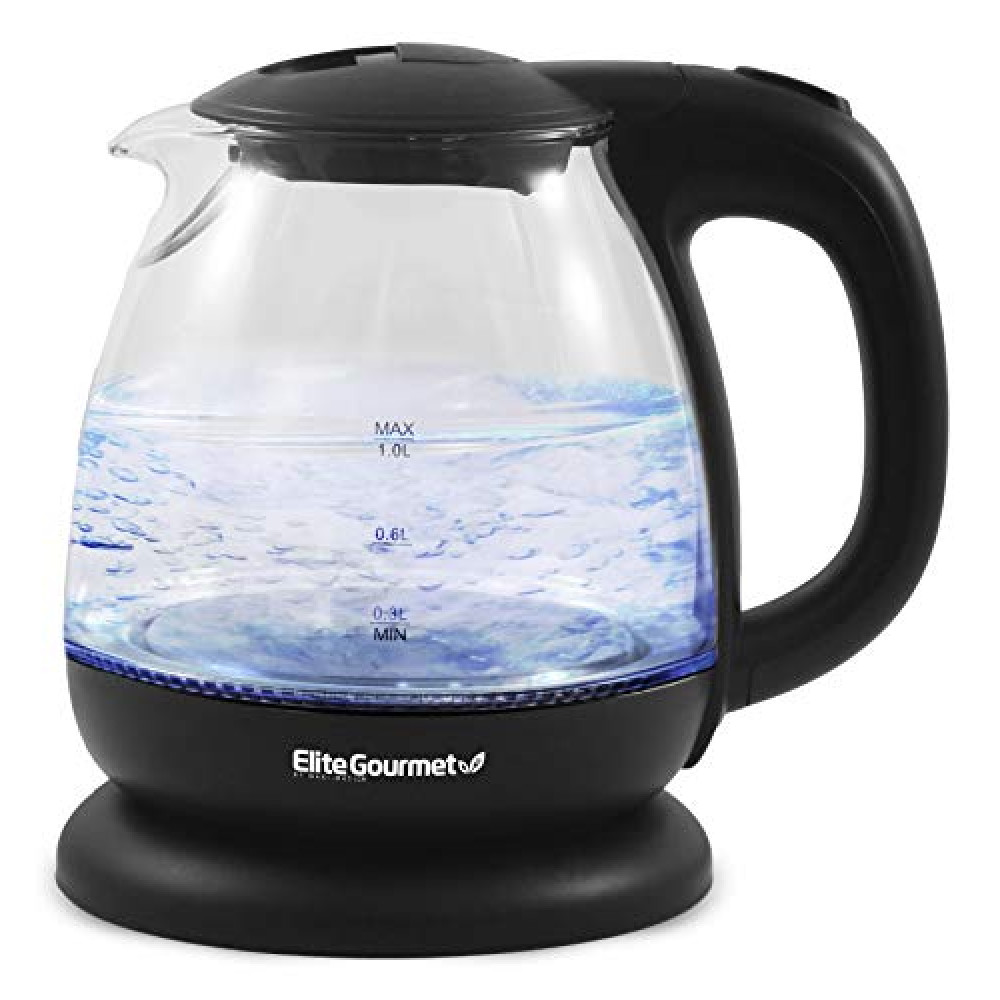 Elite Gourmet EKT1001 Electric 1.0L BPA-Free 1100W Glass Kettle Cordless 360° Base, Stylish Blue LED Interior, Handy Auto Shut-Off Function – Quickly Boil Water For Tea & More, Black