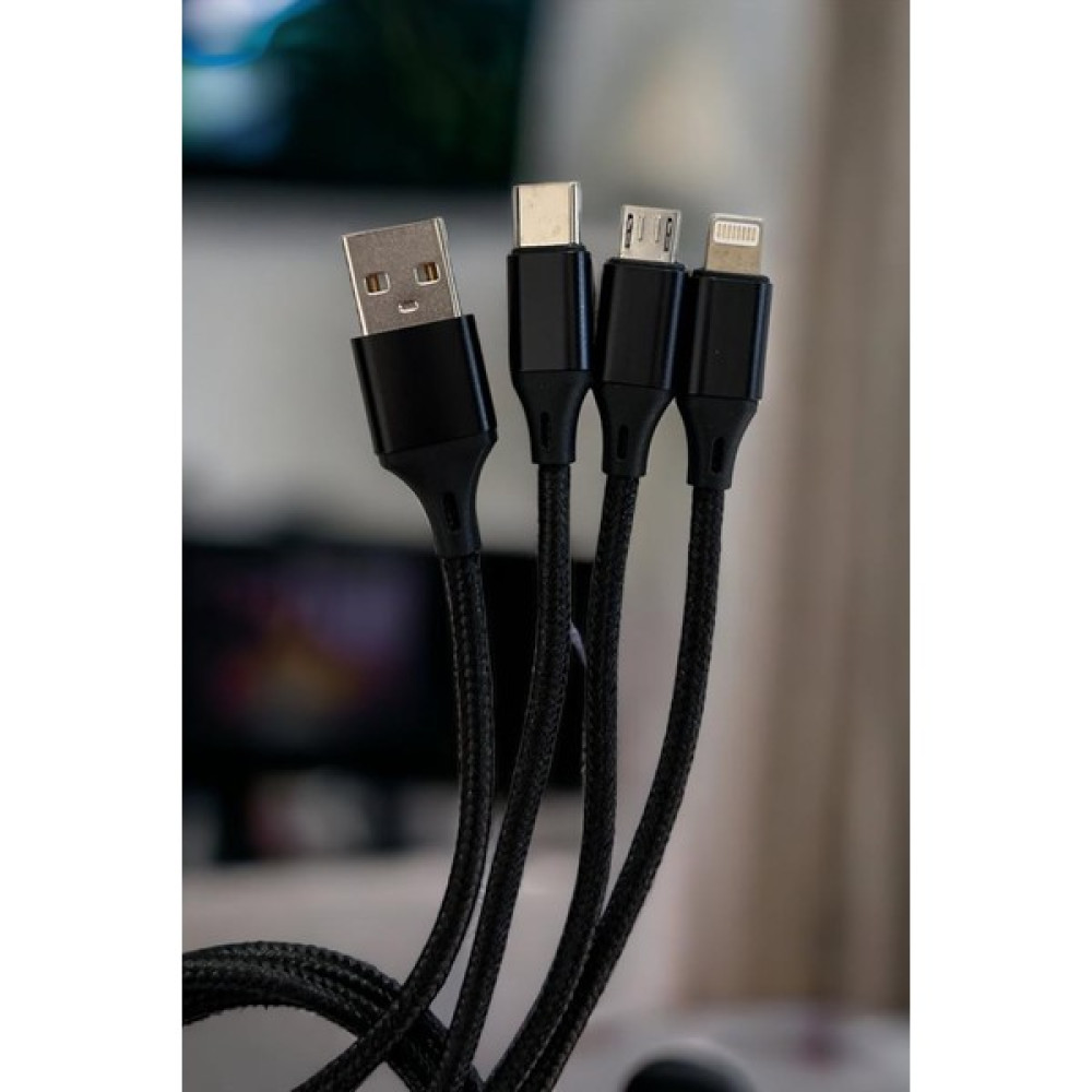 Elite Plus Şarj Kablosu 3n1 Lightning & Type-C & Micro Ahtapot Şarj Kablosu - Siyah Cep Telefonu Şarj Cihazı Fiyatı