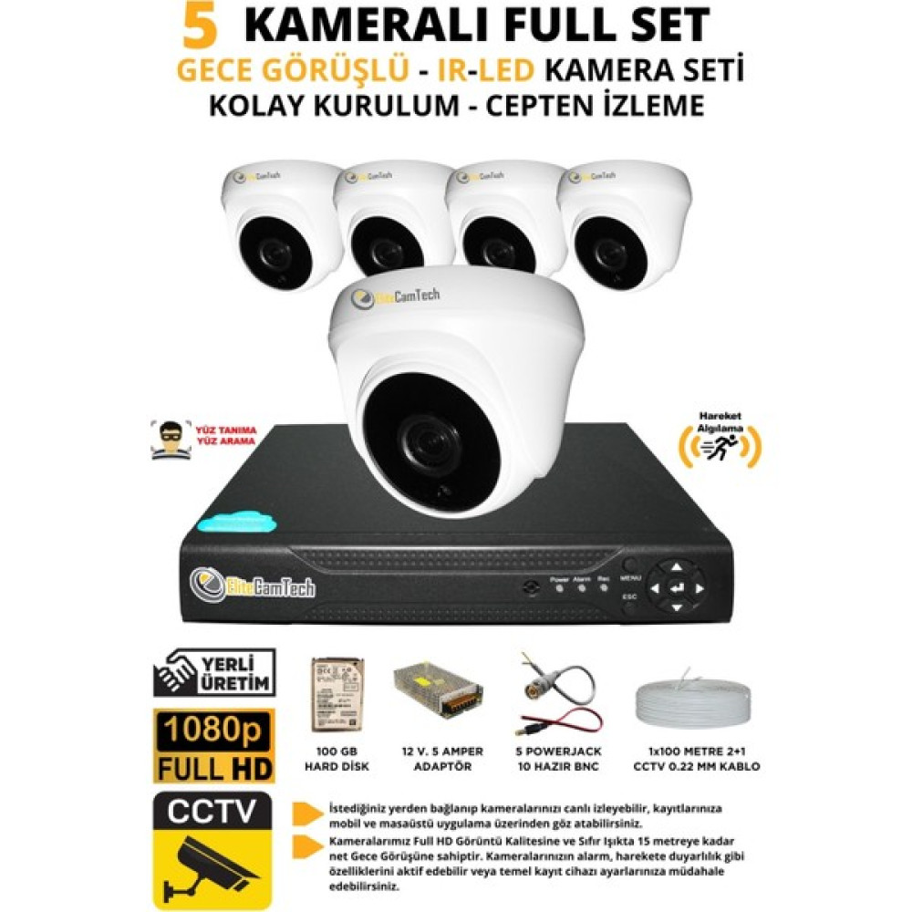 Elitecam Tech 5 Kameralı Gece Görüşlü Ir-Led Kamera Seti 100GB Harddisk -0K5D Oto Boyaları Fiyatı
