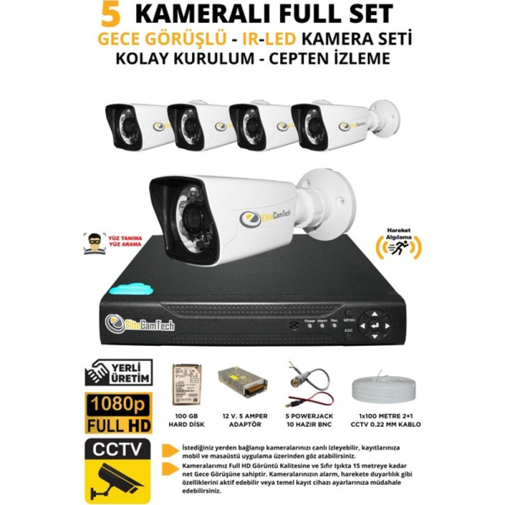 Elitecam Tech 5 Kameralı Gece Görüşlü Ir-Led Kamera Seti 100GB Harddisk -5K0D Oto Boyaları Fiyatı