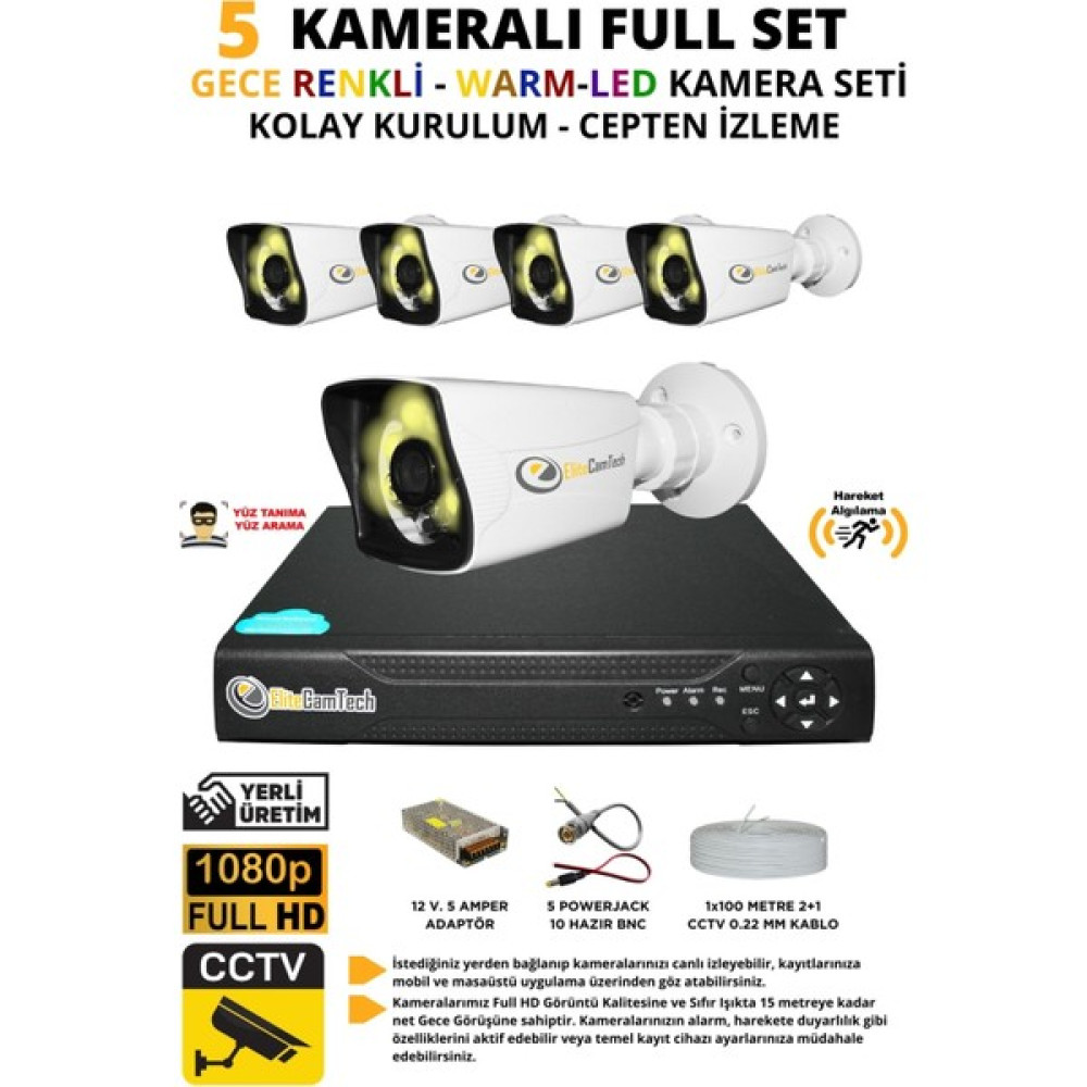 Elitecam Tech 5 Kameralı Gece Renkli Warm-Led Kamera Seti HDD Yok -5K0D Oto Boyaları Fiyatı