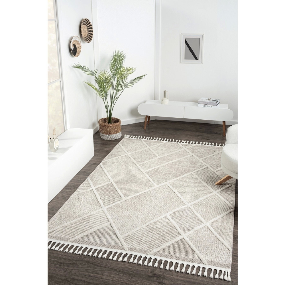 Eliz Home Krem Beyaz Bej Modern Dokuma Halı Peluş Püsküllü Antre Yolluk Oturma Odası Salon Halısı 80 x 150 Beden Kilim Fiyatı