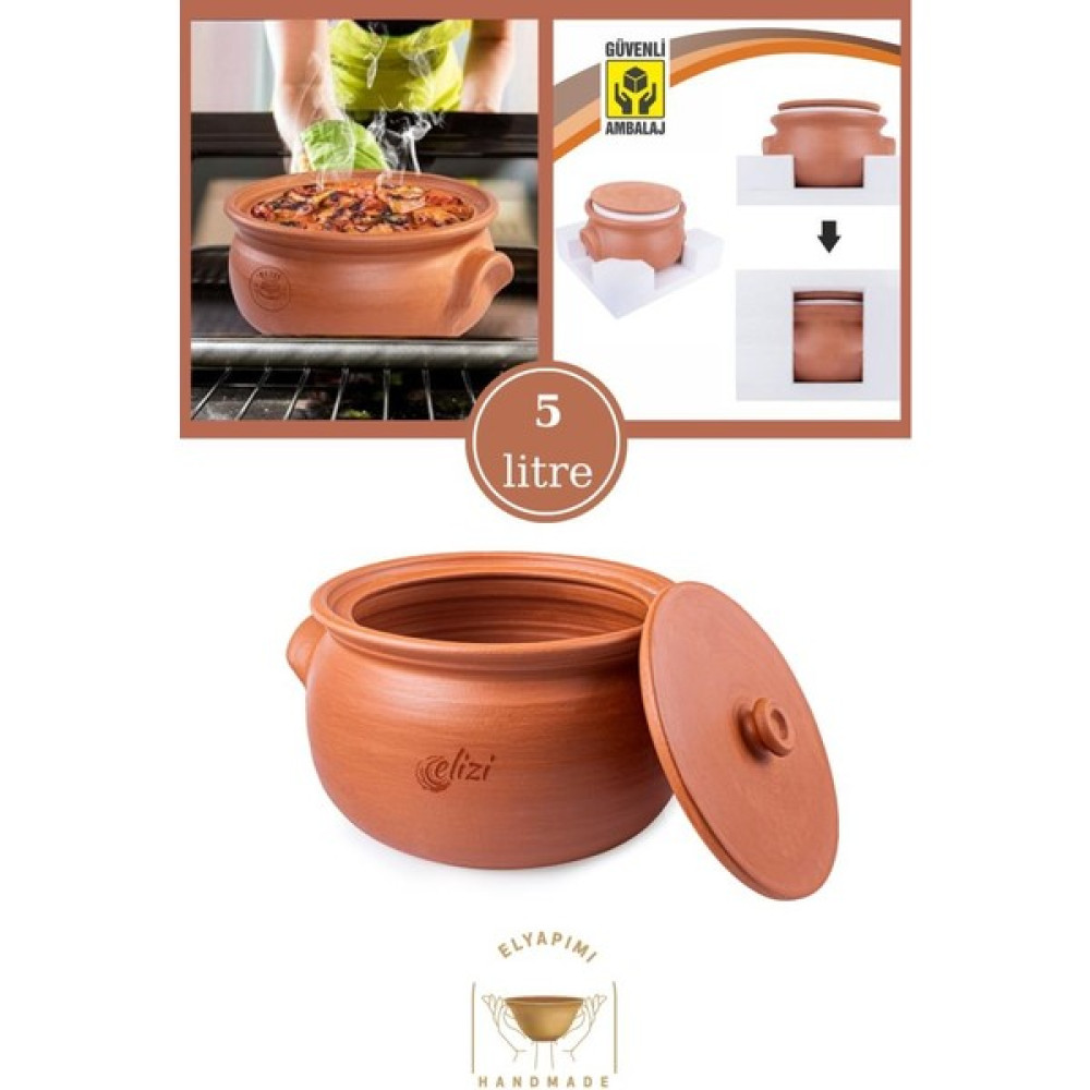 Elizi Çömlekleri El Yapımı Kapaklı Toprak Güveç Tencere Orta Boy Astarlı 5 Litre (Özel Kırılmaz Köpük Ambalajında) - Hacim Tepsiler / Fırın Kapları Fiyatı