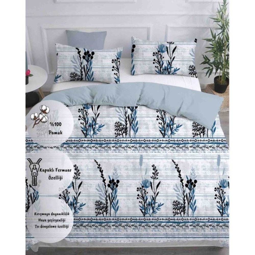 Ella Home %100 Pamuklu Çift Kişilik Çift Taraflı Lastikli Çarşaflı Nevresim Takımı - Mavi - Beyaz - 200 x 220 cm Nevresim Takımı Fiyatı