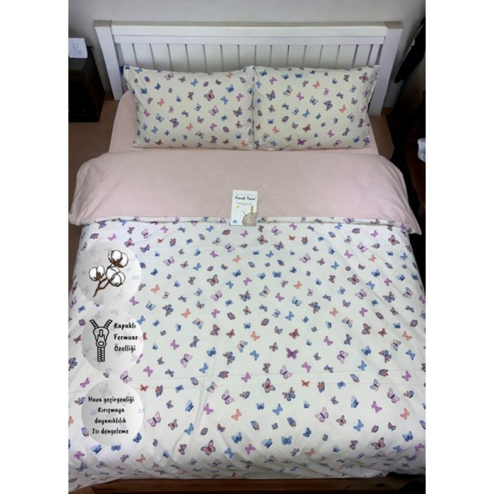 Ella Home Kelebek Desen Pamuklu Lastikli Çarşaflı Çift Kişilik Nevresim Takımı - Pembe - Beyaz - 200 x 220 cm Nevresim Takımı Fiyatı