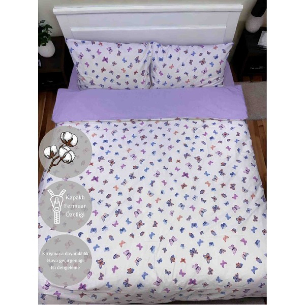 Ella Home Kelebek Desen Pamuklu Lastikli Çarşaflı Tek Kişilik Nevresim Takımı - Mor - Beyaz - 160 x 220 cm Nevresim Takımı Fiyatı