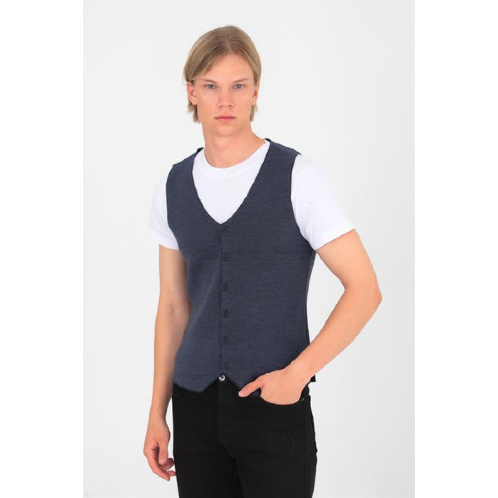 Elm Wear Düğmeli Düz Desen Triko Yelek - Laci/indigo Erkek Yelek Fiyatı