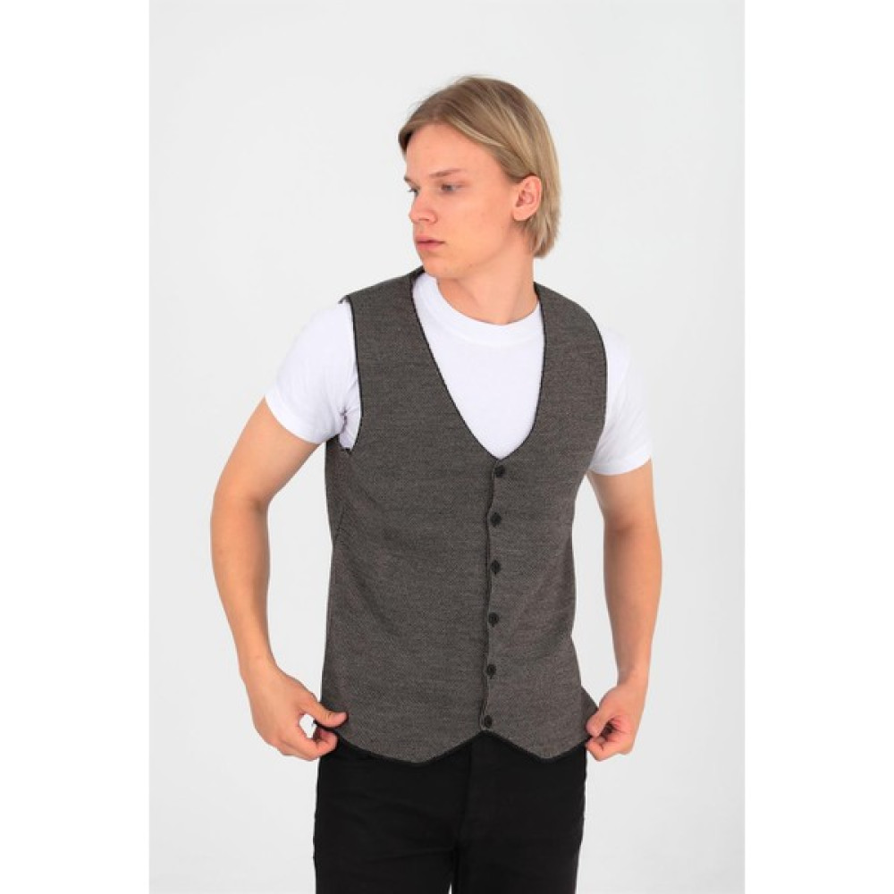 Elm Wear Düğmeli Düz Desen Triko Yelek - Siyah/k.bej Erkek Yelek Fiyatı