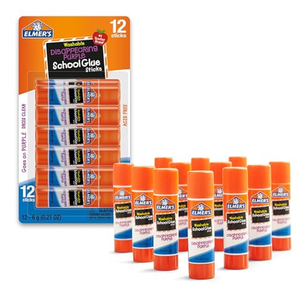 Elmer's Disappearing Purple School Glue Sticks, Washable and Non-Toxic, 6 Grams, Pack of 12 - Ideal for School and Craft Projects