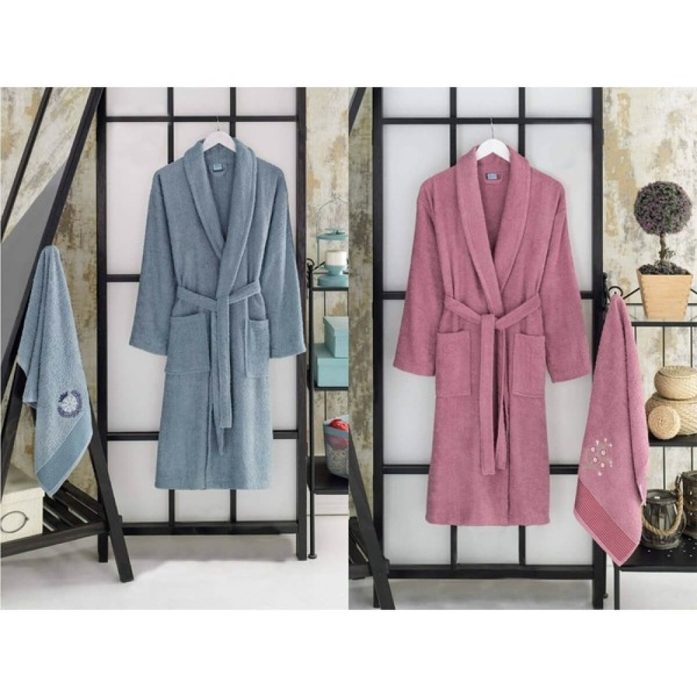 Elmira Textile 4 Parça Aile Bornoz Seti Kadın Erkek Havlulu Bornoz Takımı Mürdüm - Standart - Lacivert Bornoz Fiyatı