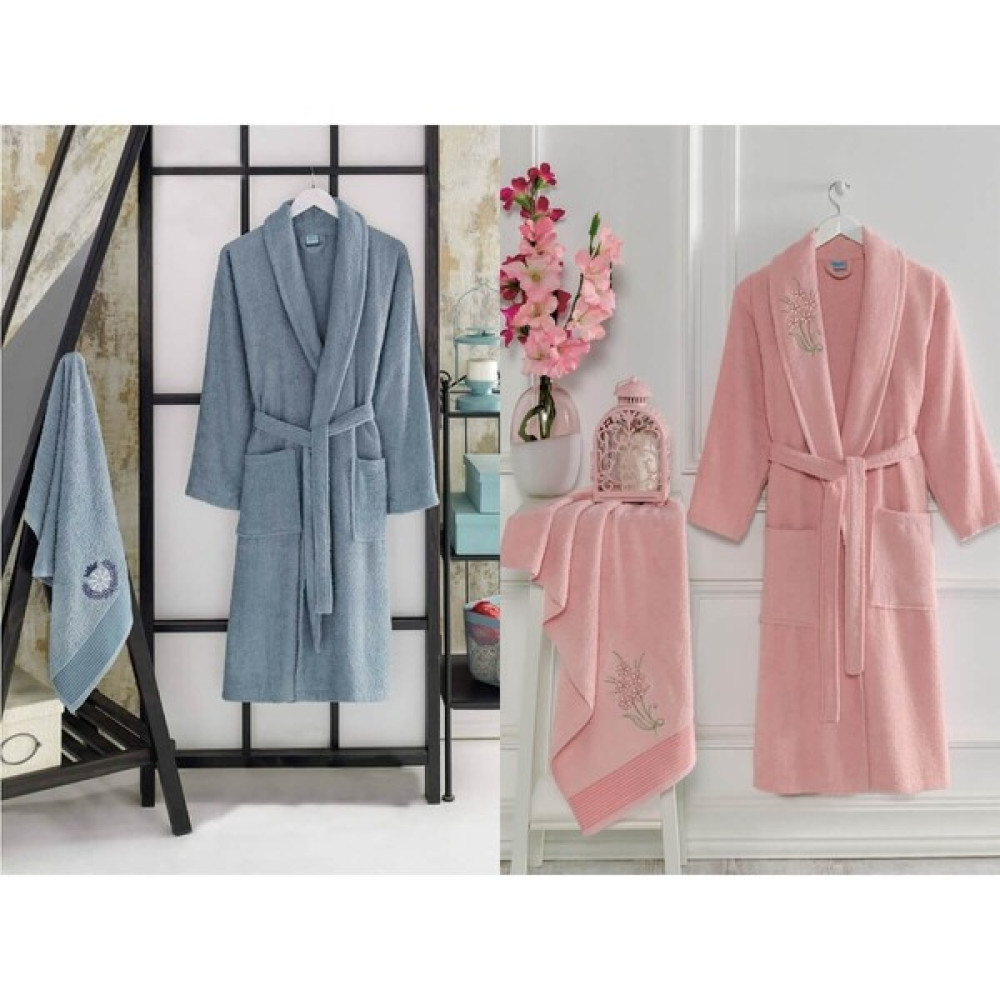 Elmira Textile 4 Parça Aile Bornoz Seti Kadın Erkek Havlulu Bornoz Takımı Pembe - Standart - Lacivert Bornoz Fiyatı