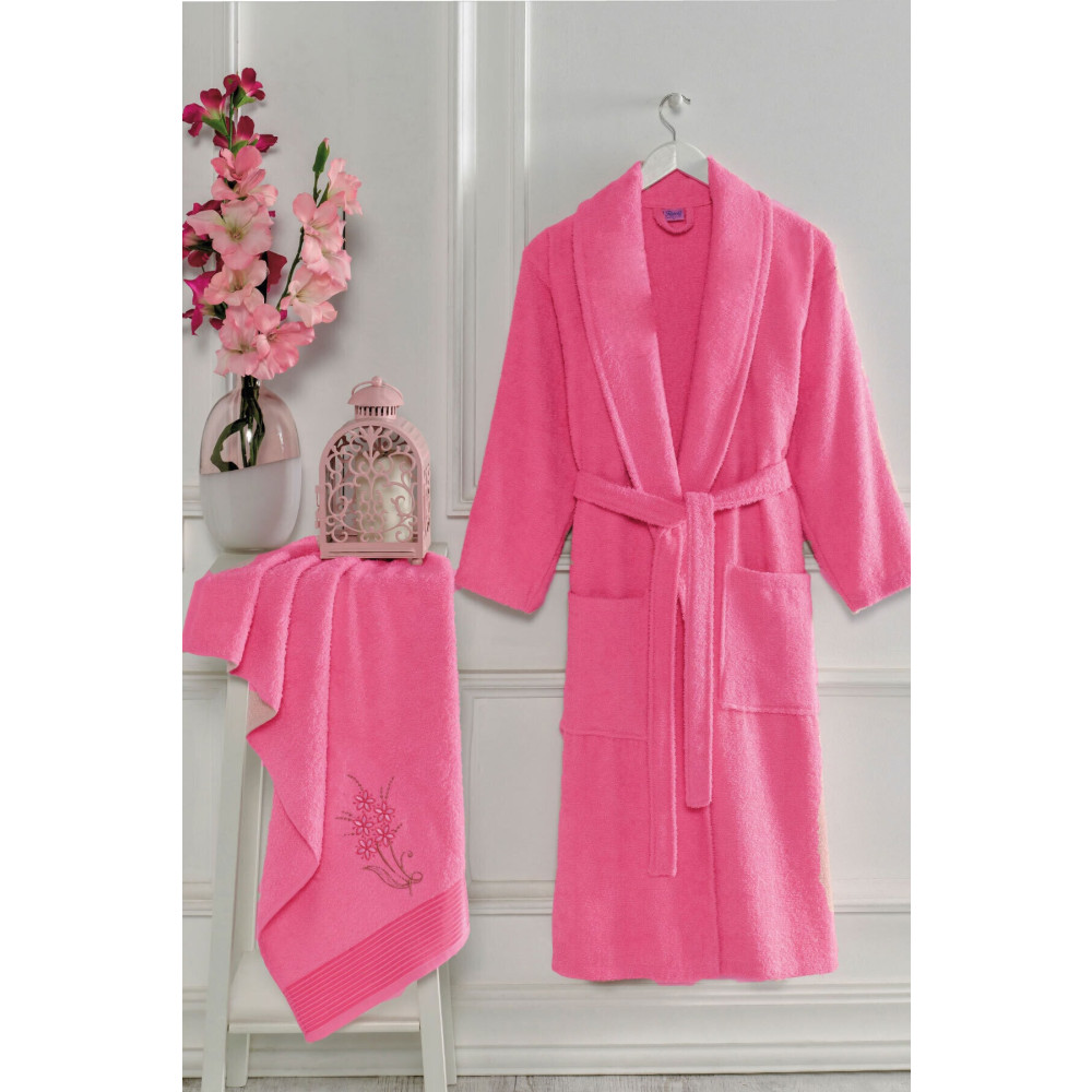 Elmira Textile Kadın Erkek Pembe Elmira Şalyaka Pamuklu Havlulu Banyo Bornoz Takımı L/XL Beden Bornoz Fiyatı