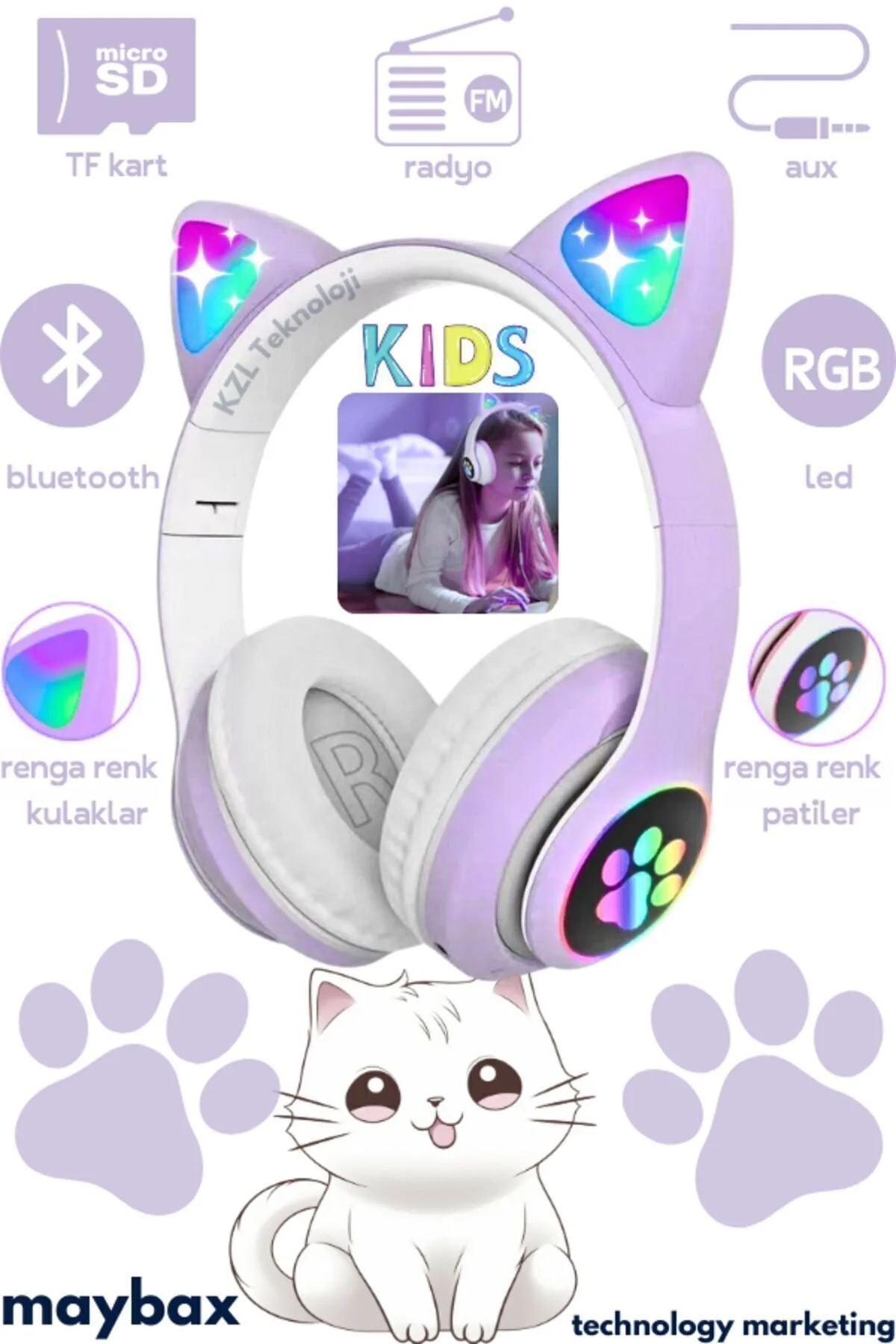 ELROND Vilya Kedi Kulağı Detaylı Bluetooth Kablosuz Kulaklık Çocuk Oyuncu" Kulak Üstü Kulaklık Fiyatı