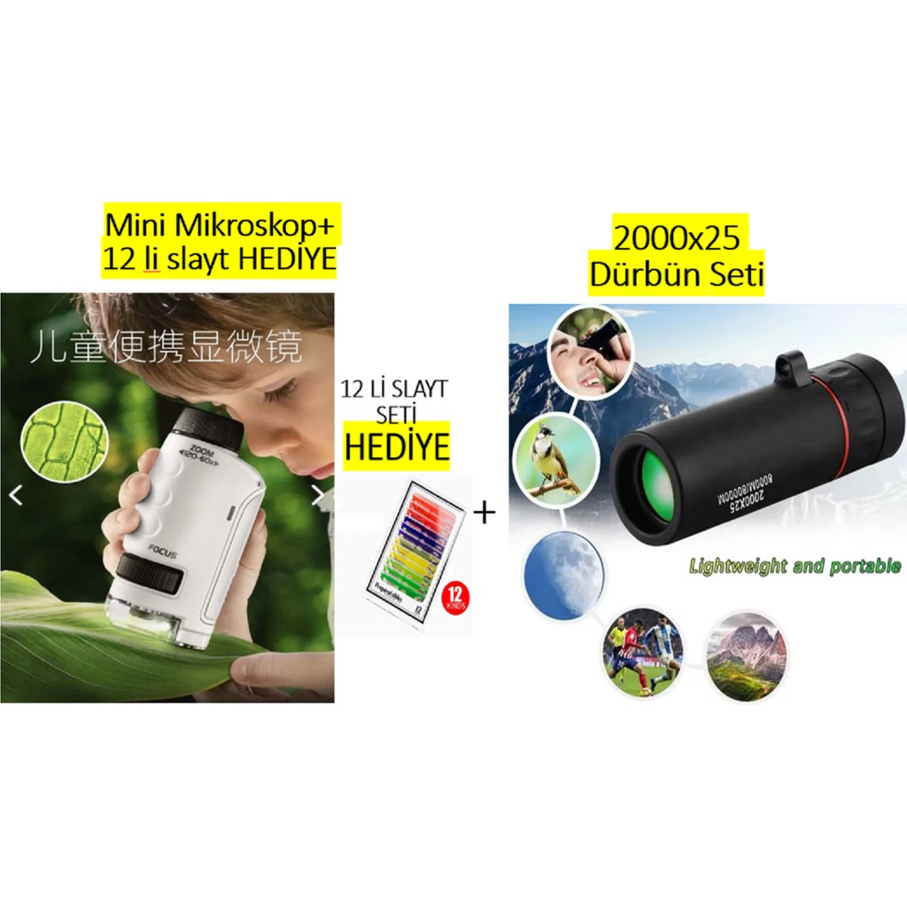 Elvinsa Çocuklar Için Eğitici 2 Li Set -Işıklı Mini Cep Boy Zoomlu El Mikroskop Seti + 2000X25 Mini El Dürbünü (Başlangıç Seti) Diğer Fiyatı