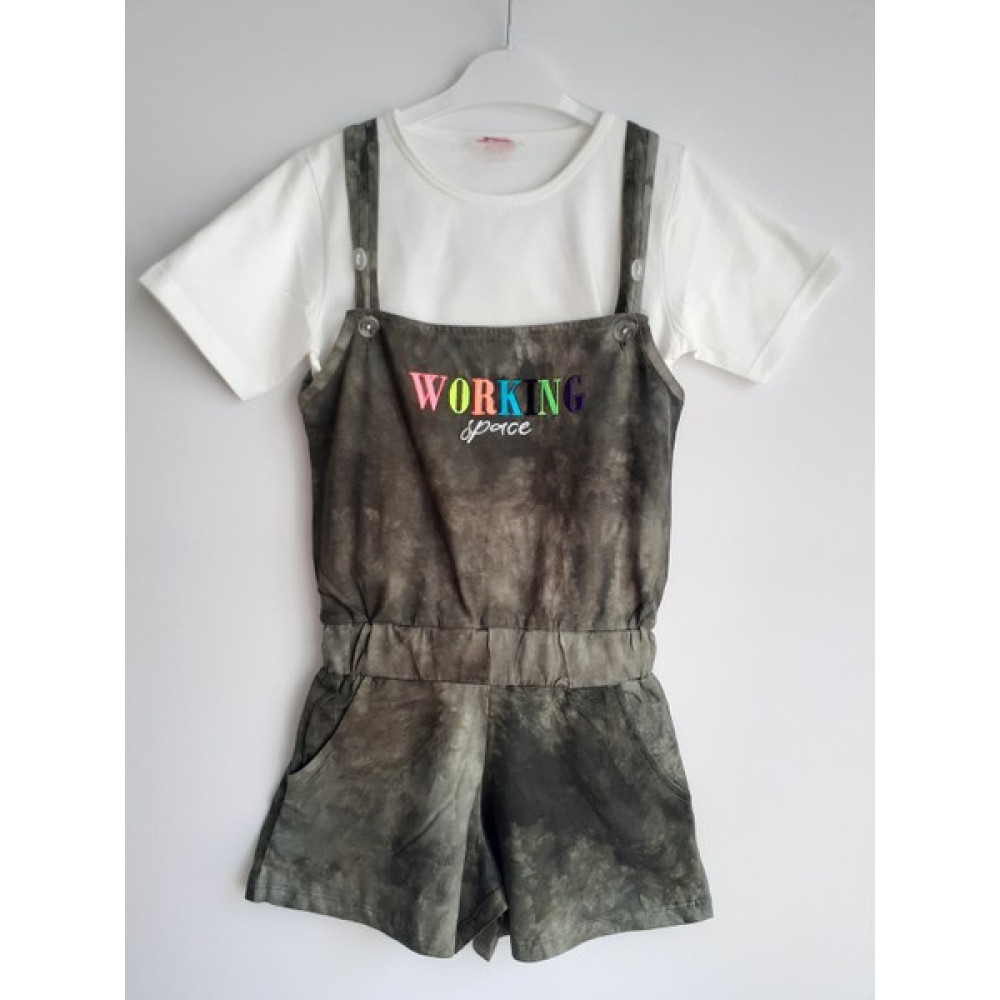 Elvinsa Haki Batik Kız Çocuk Yazlık Şortlu Salopet Tulum ve Tshirt Kız Çocuk Giyim Takımı Fiyatı