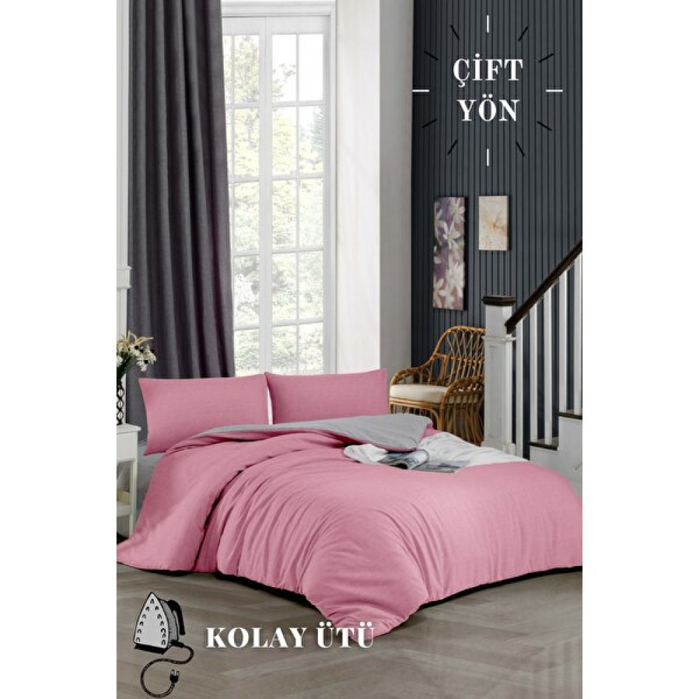 Ely Parker Kolay Ütü 160X200 Çift Kişilik Nevresim Takımı (Gri Lastikli Çarşaf+Yorgan Kılıfı+Y.k) Pembe - 160 x 200 cm - Pembe - Gri Nevresim Takımı Fiyatı