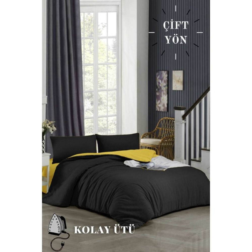 Ely Parker Kolay Ütü-160x200-Çift Kişilik Nevresim Takımı (Sarı Lastikli Çarşaf+Yorgan Kılıfı+Yastık Kılıfı) - Siyah - Sarı - 160 x 200 cm Nevresim Takımı Fiyatı