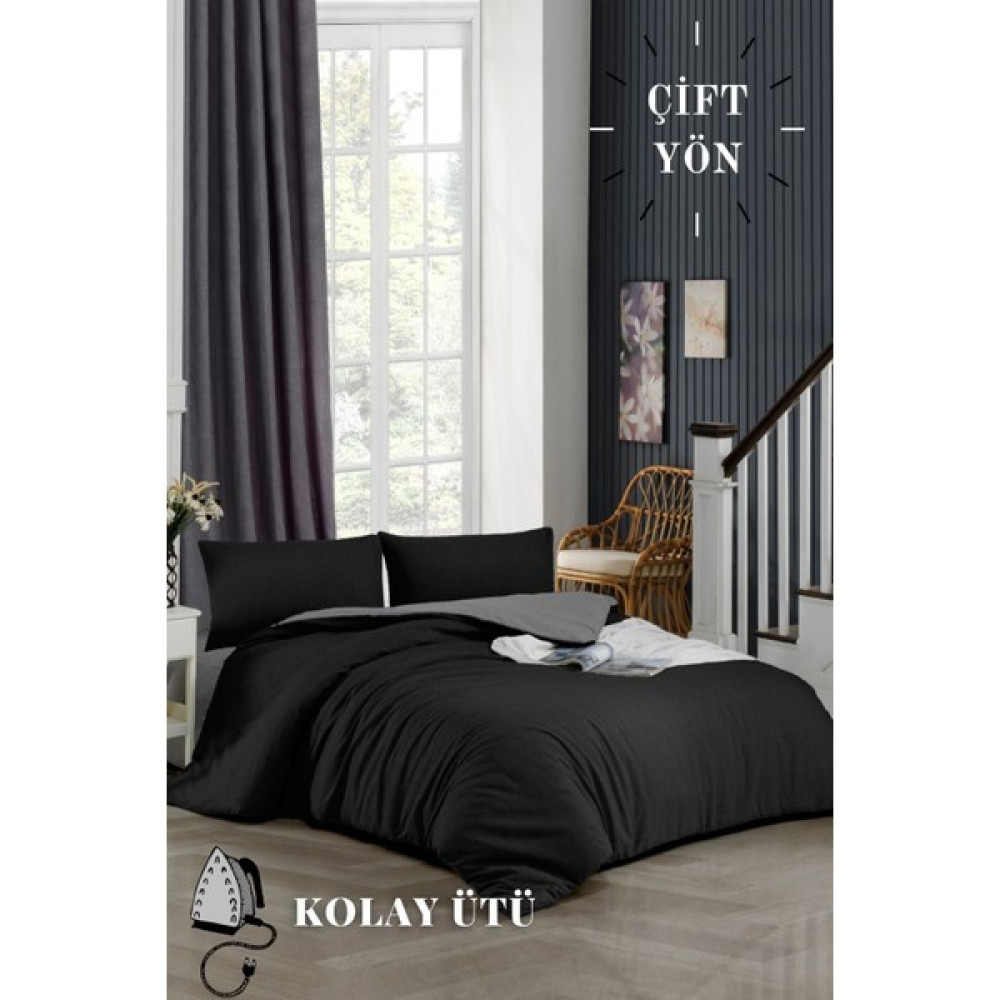 Ely Parker Kolay Ütü-180x200-Çift Kişilik Nevresim Takımı (Gri Lastikli Çarşaf+Yorgan Kılıfı+Yastık Kılıfı) - Gri - Siyah - 180 x 200 cm Nevresim Takımı Fiyatı