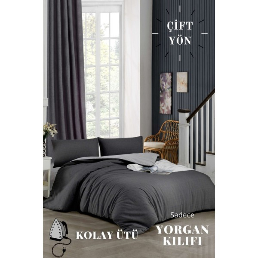 Ely Parker Kolay Ütülenebilir Çift Yönlü Yorgan Kılıfı Çift Kişilik Yatak (200X220) Antrasit-Gri - 200 x 220 cm - Antrasit - Gri Nevresim Takımı Fiyatı