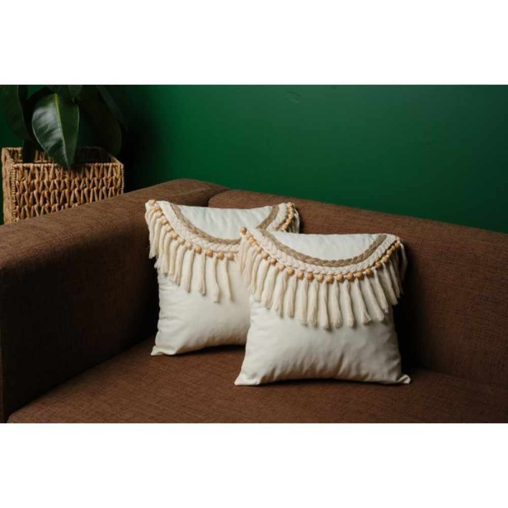 Elyese Makrome Kırlent Kılıfı Boncuklu ve Püsküllü Ekru Kırlent Kılıfı 1 Adet 40X40 Yastık Kılıfı - 40 x 40 cm Kırlent / Mobilya Yastığı Fiyatı