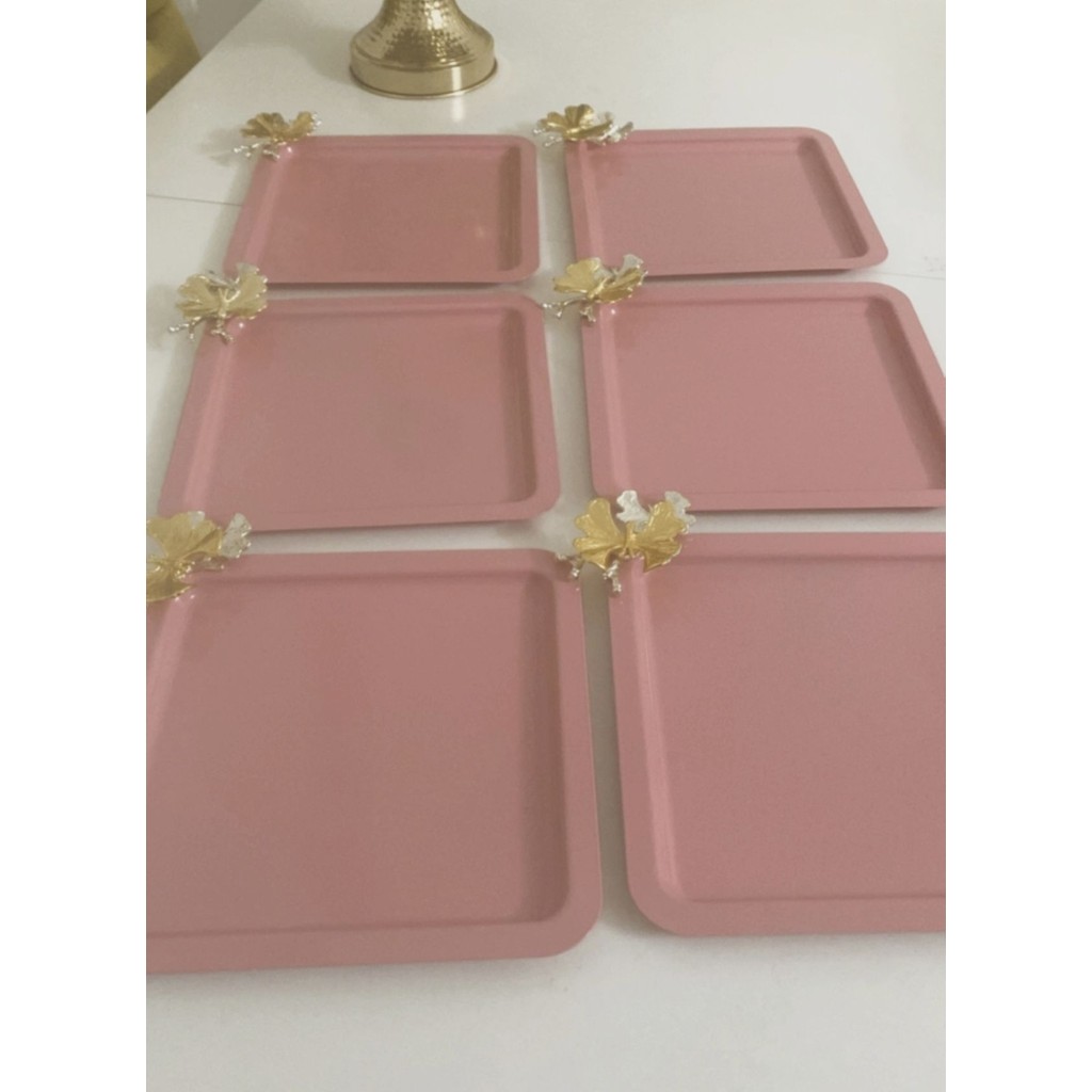 Elzem Tepsi Pembe Renk 6 Lı Kelebekli Kare Servis Tepsisi Servis Tepsisi Fiyatı