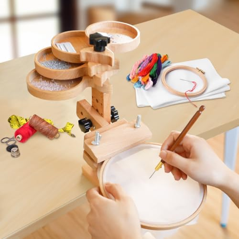Embroidery Hoop Stand with Built-in Storage Tray, Adjustable Embroidery Hoop Holder, Sturdy Beech Wood Cross Stitch Stand for DIY Craft & Needlework